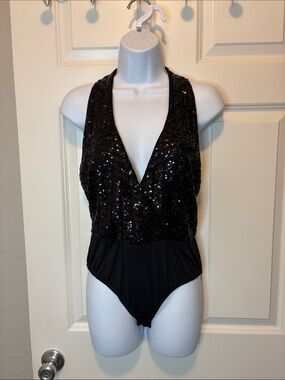 Sexy Black Sequin One-Piece Halter Bodysuit, Backless, Snap Bottom, Size Small